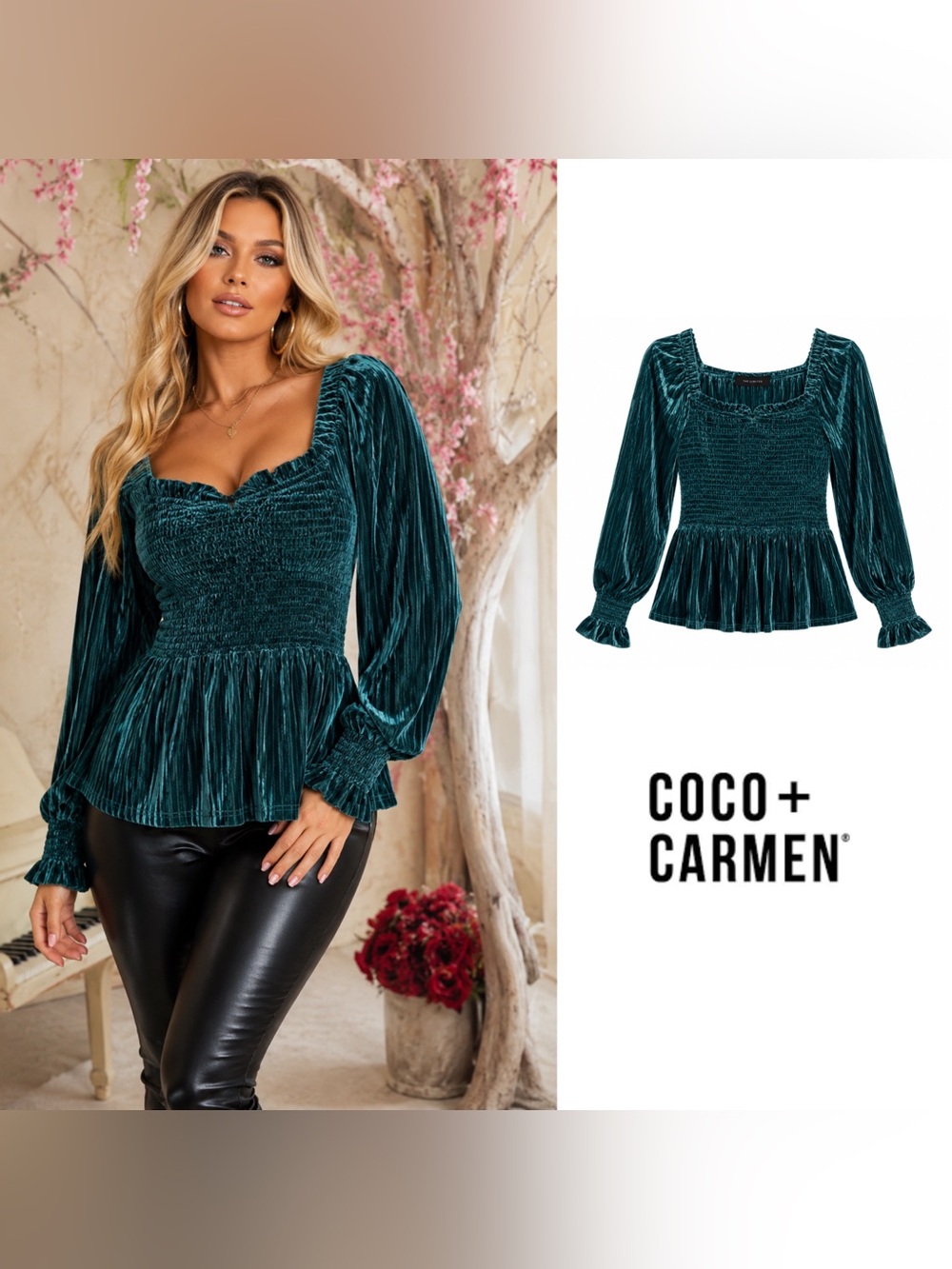 NEW Coco + Carmen Teal Velvet Smocked Peplum Top